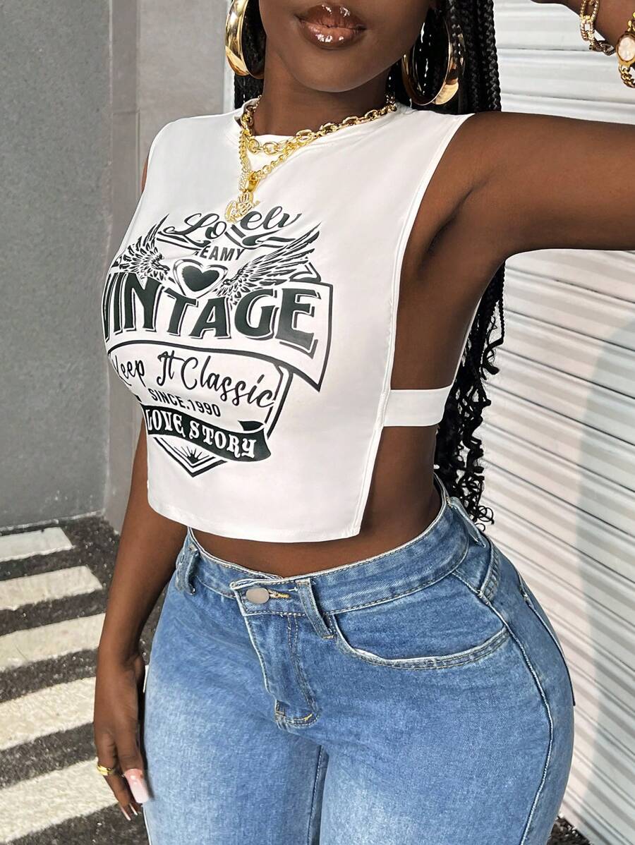 Slaydiva Casual Street Sexy Music Festival Round Neck Side Hollow Pattern Short Slim High Elastic Tank Top /Graphic Tees Women/Graphic Tees/Graphic Tee/Women's Tank Top Suitable For Summer - White - View 1