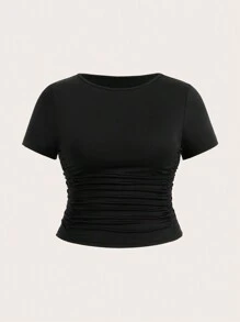 SHEIN EZwear Plus Size Women's Round Neck Basic High-Stretchy Crop Top T-Shirt - Black - View 3