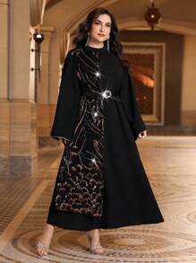 Al Najma Plus Size Glitter Patchwork Flare Sleeve Dress