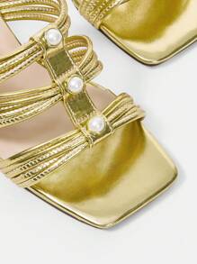 Women'S Fashionable Chunky Heeled Square Toe Gold High Heel Sandals - Gold - View 5