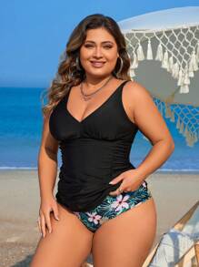 Swim Lushoire Summer Beach Plus Size Solid Color Pleated Camisole Top And Random Tropical Print Triangle Briefs Tankini Set - Black - View 5