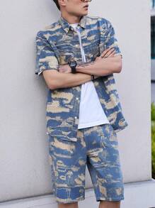 Manfinity Homme Męska koszula dżinsowa z krótkim rękawem, oversize, bawełniana moro, kolorowa impreza