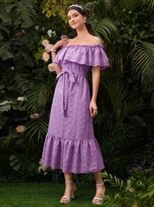 Modelyn Women's Solid Color Hollow-Out Embroidered Off Shoulder Dress - Purple - View 8