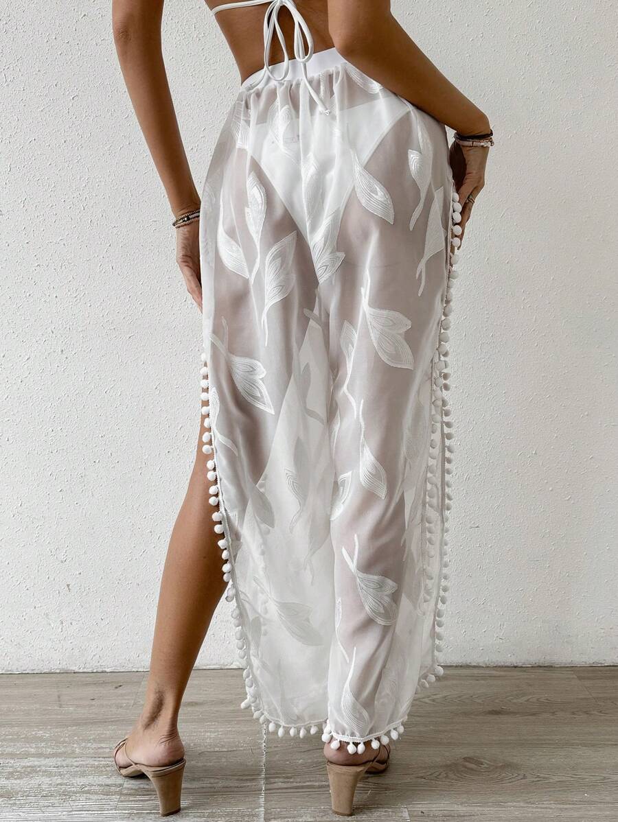 SHEIN Swim Váy xòe hở vai chắp vá và xẻ đôi cho nữ mùa hè - trắng - Xem 1