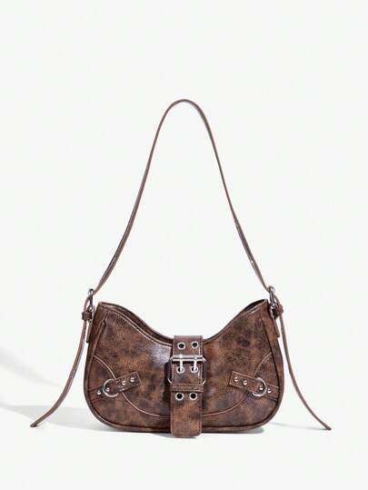 SHEIN ICON 1pc Rivet Decorated Punk Style Buckle Women's Shoulder Bag, Y2K Aesthetic, Adjustable Strap, Suitable For Teenagers, Halloween Purse Perfect For Fancy Party Halloween Fashion & Gothic Fashion