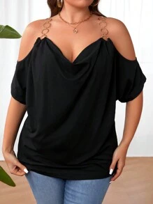 Breezaya T-shirt Ample Off-shoulder Pour Femmes De Grande Taille - Noir - Voir 6