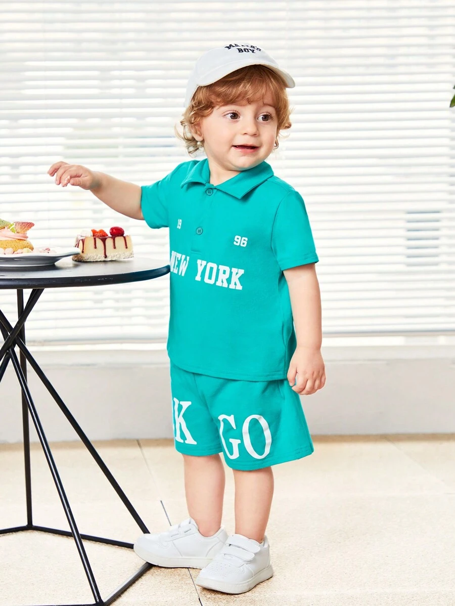 SHEIN Ensemble De Polo À Manches Courtes Et Shorts Pour Bébé Garçon Avec Motif De Lettres Décontracté Pour L'extérieur - Multicolore - Voir 1