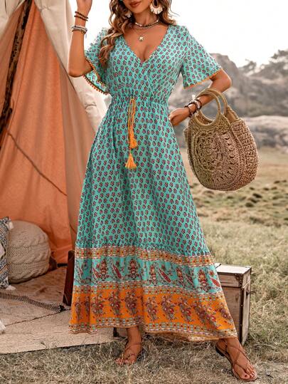 EMERY ROSE Women's Floral Print Waist-Tie Ruffled Short Sleeve Dress Maxi Women Outfit