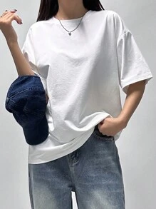 DAZY 女士纯色圆领 T 恤 Y2k - 白色 - 查看 4