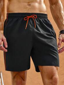 Manfinity Shorts De Playa Para Hombre Con Bloques De Color Y Detalles Laterales Con Franjas - Negro - Ver 6