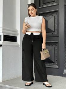 SHEIN Essnce 女款大尺碼夏季休閒寬鬆撞色高腰闊腿工裝褲 - 黑色 - 查看 4