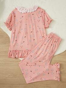 Tween Girls' Orange Cute Little Cat Printed Loose Fit Elegant 2pcs Homewear Set With Short Sleeve Top And Pants - Orange - View 2