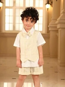 SHEIN Young Boy Gentleman 3-Piece Suit Set: Textured Waistcoat, Jacket + Shorts Trousers, Luxury & Elegant For Birthday Party, Gala, Wedding, Christening, Anniversary