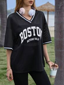 SHEIN EZwear Damen-t-shirt Mit Mesh-digitaldruck, Lockerer Schnitt