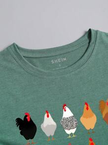 INAWLY Cartoon Chicken Printed Round Neck Short Sleeve T-Shirt Graphic Tees Women Tops - Green - View 6