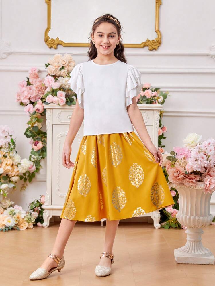 Tween Girl Round Neck Double Layer Ruffle Sleeve Top With Water Drop Shape At Back And Retro Patterned Skirt Set