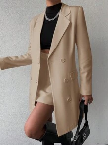 EURMUSE Ladies Solid Color Lapel Jacket, Skirt Suit - Camel - View 5
