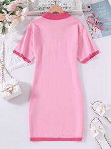 Vestido Acampanado De Manga Corta A Rayas Con Lunares Estilo Francés Para Chicas Adolescentes Con Cuello Vuelto - Rosa - Ver 2