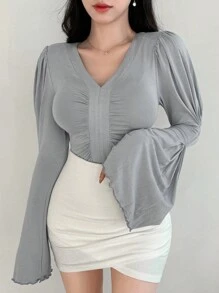 DAZY Ladies' Solid Color Pleated Bell Sleeve T-Shirt Long Sleeve Women Tops