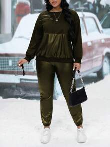 Calvaya 大尺碼女款拉鍊設計圓領運動衫和運動長褲套裝