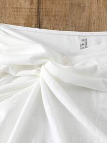SHEIN Swim 纯色扭结比基尼裙配三角内裤，两件套 - 白色 - 查看 5