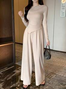 DAZY 1set Women's Asymmetrical Off Shoulder T-Shirt And Elastic Waist Wide Leg Pants Set,Women Two Pieces Sets