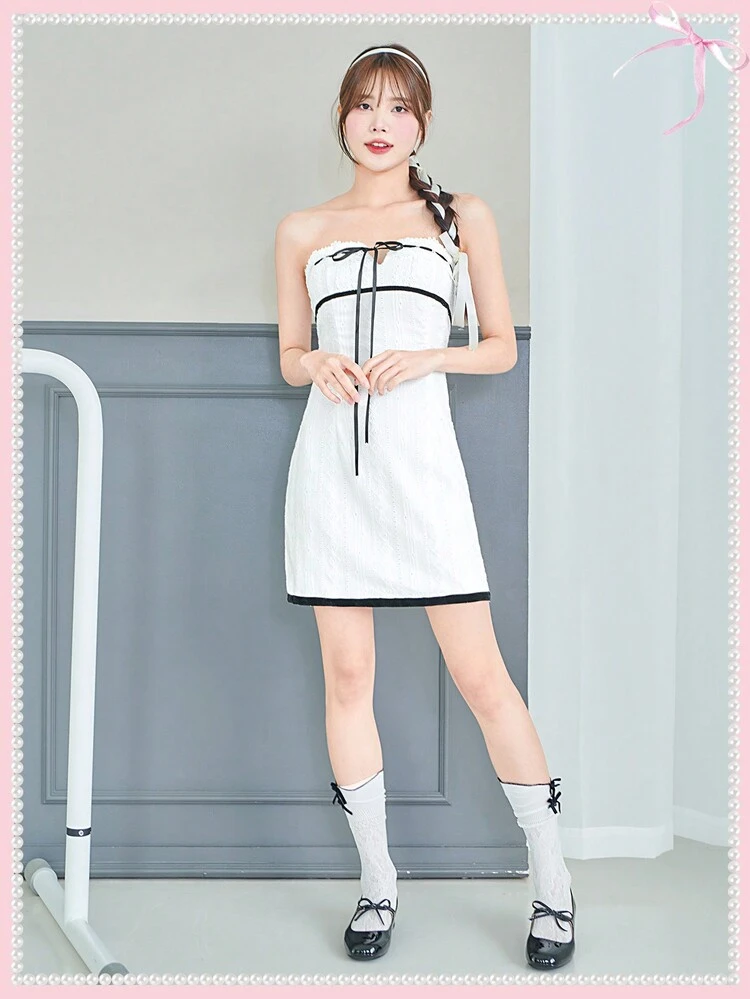 Balletcore Bow Kawaii  Ribbon Lace  Tube Dress White Dress Summer Valentines Clothes
