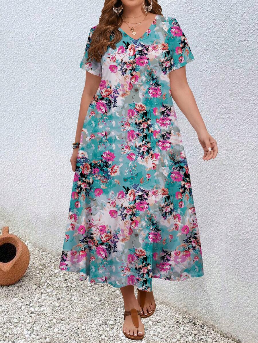 EMERY ROSE Plus Size Women's Summer Floral Printed Long Dress - Blue - View 1