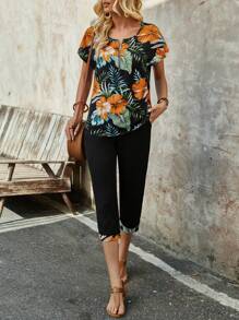 EMERY ROSE Ladies' Tropical Plant Printed Front Zipper Short-Sleeve Shirt And Trousers Set