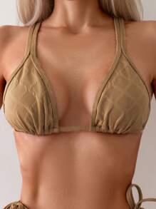 SHEIN Swim Ladies' Textured Bikini Set With Knot Detail On The Side Valentine Bathing Suit For Summer Beach - Coffee Brown - View 3