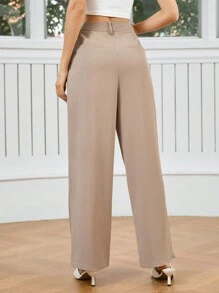 SHEIN Privé Pantalones De Traje De Pierna Ancha De Color Liso Para Mujer - Camel - Ver 2