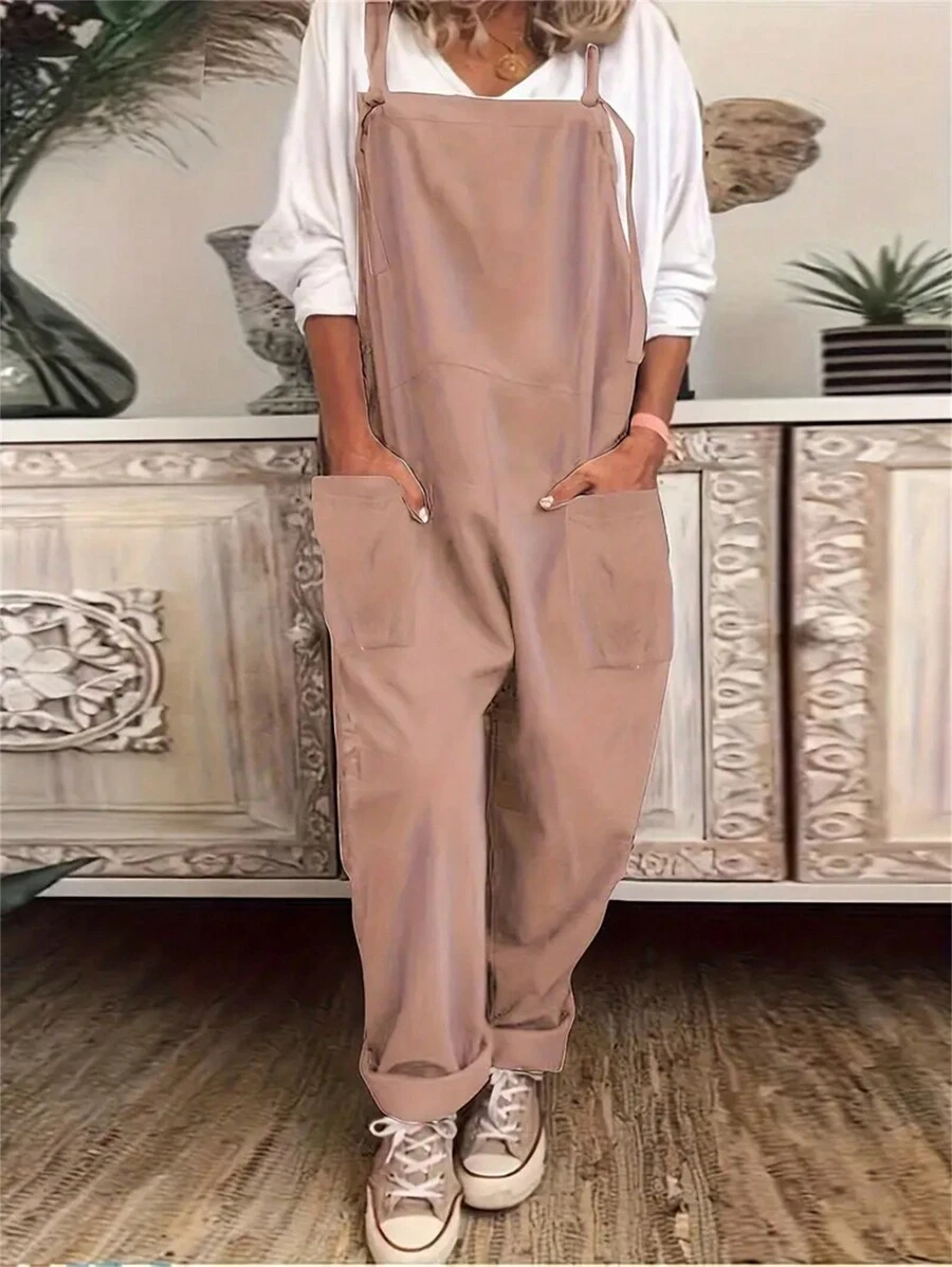純色口袋連身褲 - 藕粉色 - 查看 1