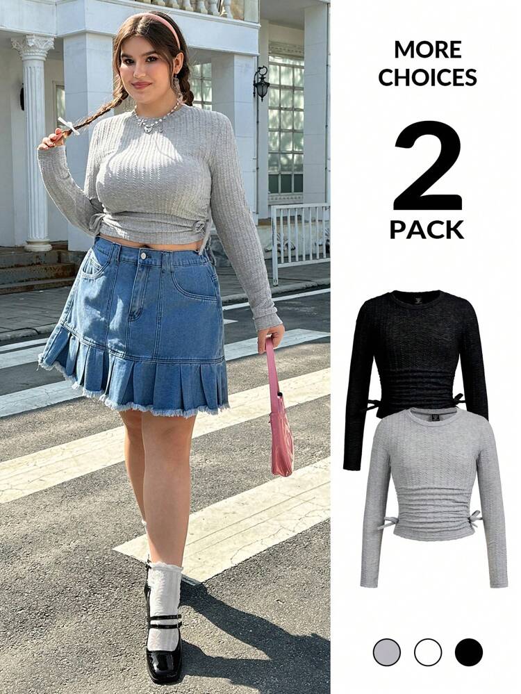 Plus Size Women's Drawstring Hem Long Sleeve T-Shirt