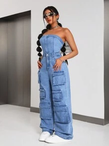 SHEIN ICON Women's Cargo Denim Jumpsuit With Pinafore - Blue - View 3