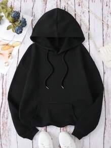 SHEIN EZwear Slogan Graphic Kangaroo Pocket Drawstring Thermal Lined Hoodie - Black - View 2