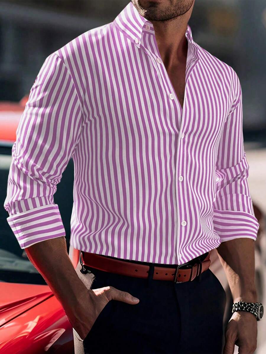 Manfinity Homme Men's Vertical Striped Long Sleeve Shirt, Fall, Old Money Style - Pink - View 1