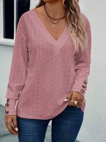 INAWLY Plus Size Women's V-Neck Long Sleeve T-Shirt Fall Cloth For Women - Rusty Rose - View 4