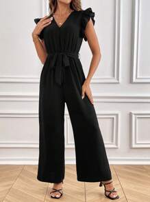 SHEIN Frenchy 女士夏季蝴蝶袖纯色V领阔腿连体裤 黑色 - 黑色 - 查看 3