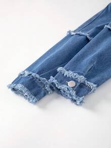 Tween 女孩日常休閒長袖牛仔襯衫 - 中等水洗藍 - 查看 5