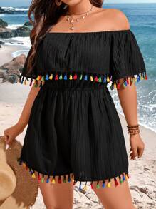 Sunnyshic Plus Size Women's Off-Shoulder Romper With Tassel Design - Black - View 1