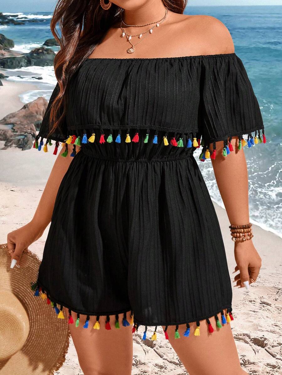 Sunnyshic Plus Size Women's Off-Shoulder Romper With Tassel Design - Black - View 1