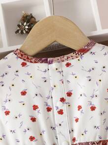 SHEIN Đầm bé gái giản dị, thanh lịch, phong cách cổ điển Váy ngắn tay bong bóng có in hoa, còng thun và dây thắt lưng - Nhiều màu - Xem 6