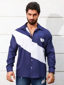 Manfinity Homme Camisa De Manga Larga Para Hombre Con Bloqueo De Color - Azul - Ver 3