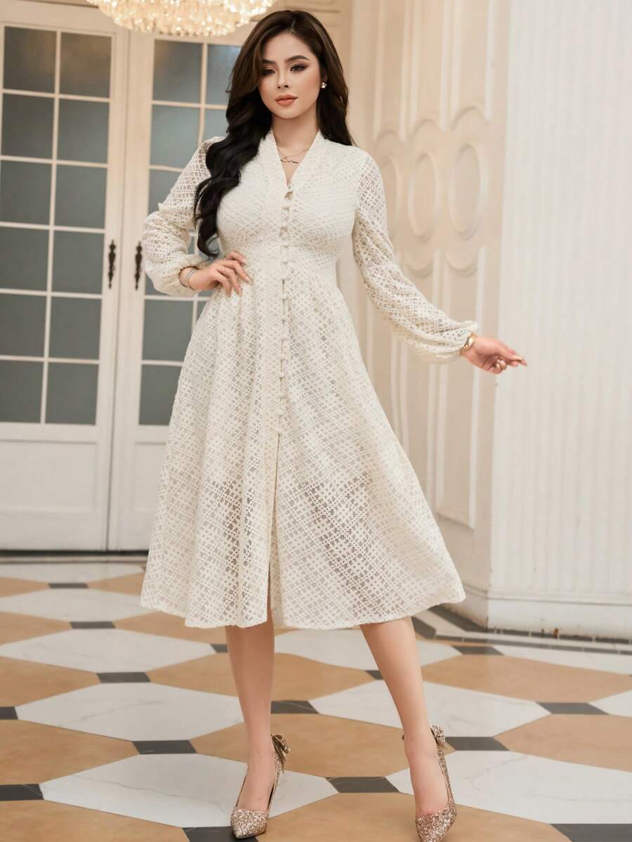 DAZY Women's Single-Breasted Lantern Sleeve Dress,Fall Dress