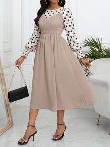 SHEIN Clasi 波點印花拼接裙 - 杏色 - 查看 4