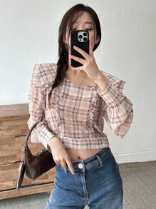 DAZY 女款格紋長袖襯衫校園風 - 藕粉色 - 查看 4