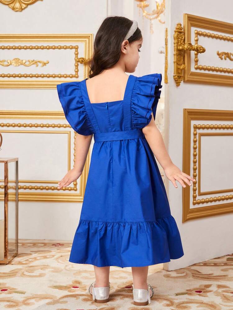 Young Girls' Lovely Square Neck Double Layer Ruffle Sleeve Belted Midi Dress