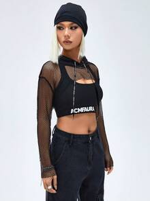 SHEIN Coolane 1 Miếng Siêu crop Lưới áo có mũ Áo Đối với phụ nữ - màu đen - Xem 6