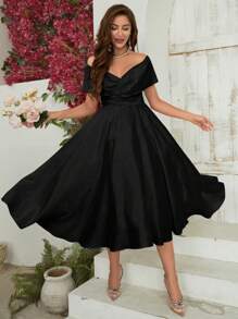 SHEIN Belle 露肩优雅裹身礼服，半正式长款女装 - 黑色 - 查看 5