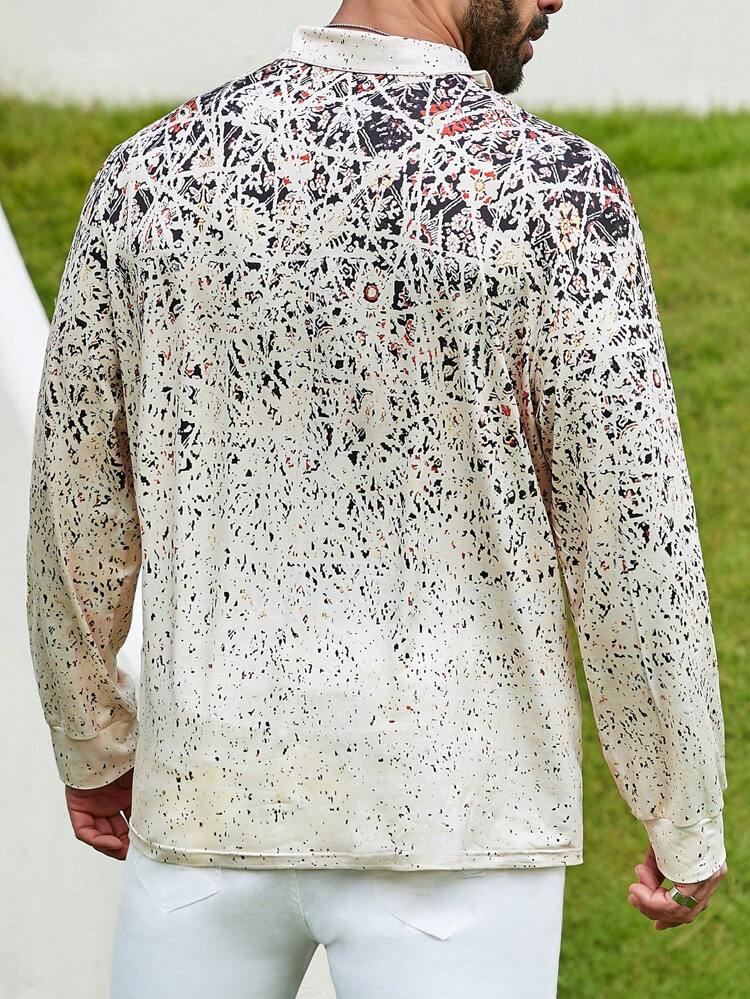 Men's Plus Size All-Over Printed Long Sleeve Polo Shirt